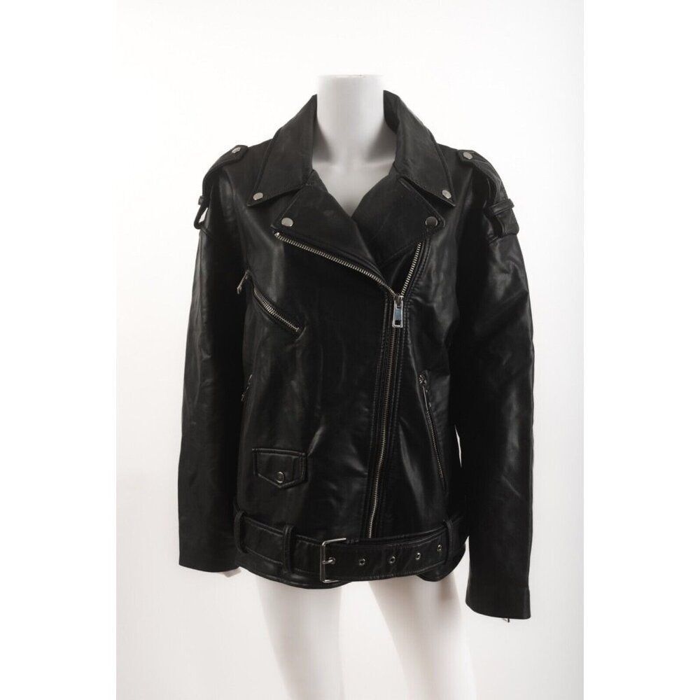 Zara Womens Biker Jacket Coat Oversized Black Faux Leather Belted XL 4341/921